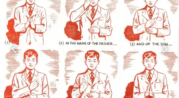 Ilustracja pokazuje sześć kroków, jak się przeżegnać: od złożenia rąk, przez dotykanie czoła, piersi, po złożenie rąk na amen.