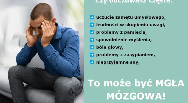 Mężczyzna z rękami na skroniach, cierpiący na mgłę mózgową, doświadcza zamętu, problemów z pamięcią i koncentracją.