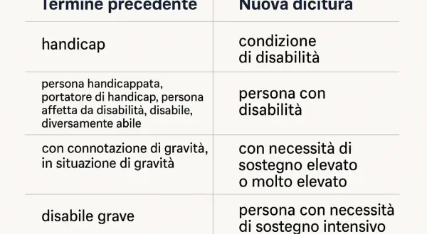 Tabella che confronta vecchi e nuovi termini per descrivere la disabilità, utile per comprendere il significato di "invalido civile".