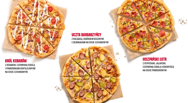 Trzy średnie pizze Pizza Hut: Król Kebabów, Uczta Barbarzyńcy i Hiszpański Łotr, każda z innymi składnikami.