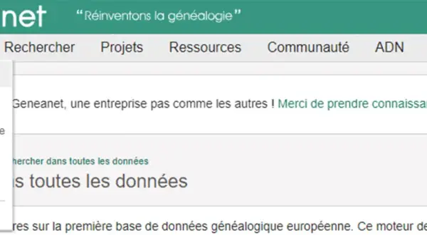 Menu Geneanet : "Ma généalogie" > "Voir mon arbre". Option "Envoyer un GEDCOM" visible.