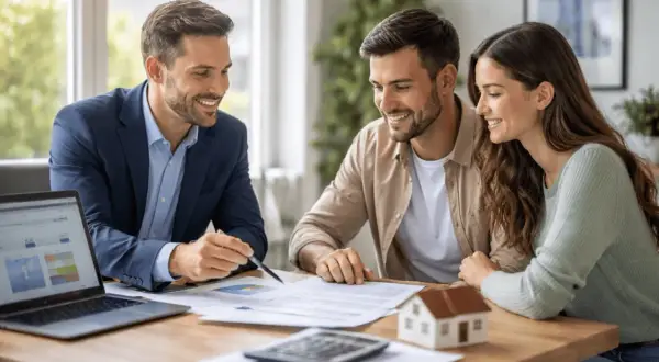 Un asesor explica a una pareja joven qué es un broker hipotecario, revisando documentos y un modelo de casa.