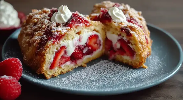 Ein saftiger Erdbeerkuchen mit Sahnefüllung und Streuseln. So lecker kann man mit Erdbeeren backen!