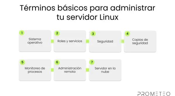 Diagrama de términos básicos para administrar un servidor Linux: sistema operativo, roles, seguridad, copias, monitoreo, administración remota y servidor en la nube.