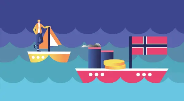 Mann auf Segelboot, daneben ein Schiff mit norwegischer Flagge und Münzen. Symbolisiert den norwegischen Staatsfonds ETF.