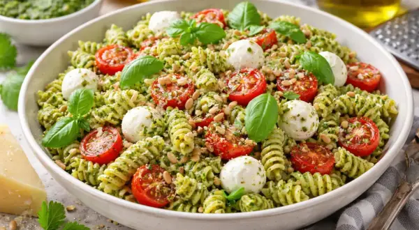 Ensalada de pasta con pesto, tomates cherry, mozzarella y piñones.