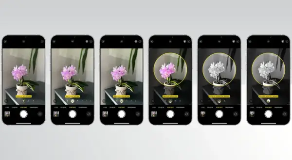 Sześć ekranów iPhone'a pokazuje, jak zrobic dobre zdjecia kwiatów, prezentując różne efekty oświetlenia portretowego: naturalne, studyjne, konturowe, sceniczne i monochromatyczne.
