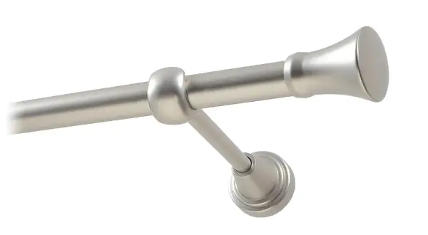 Srebrny metalowy karnisz z uchwytem i ozdobnym zakończeniem.