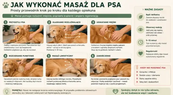 Delikatny masaż psa: przygotowanie, głaskanie, ugniatanie mięśni, rozcieranie, masaż limfatyczny i zakończenie. Relaksuje, poprawia krążenie.