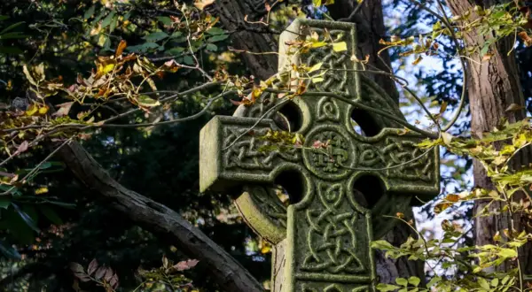 Kamienny krzyż celtycki z misternymi wzorami, otoczony jesiennymi liśćmi. Symbolizuje wieczność i połączenie życia.