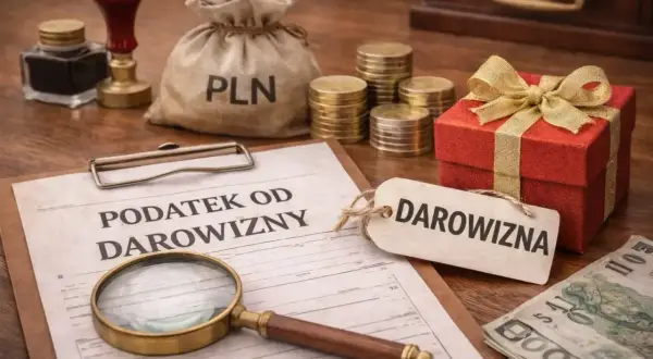 Dokument "Podatek od darowizny", worek z PLN, monety, czerwone pudełko z kokardą i lupa. Zstępny podatek czeka.