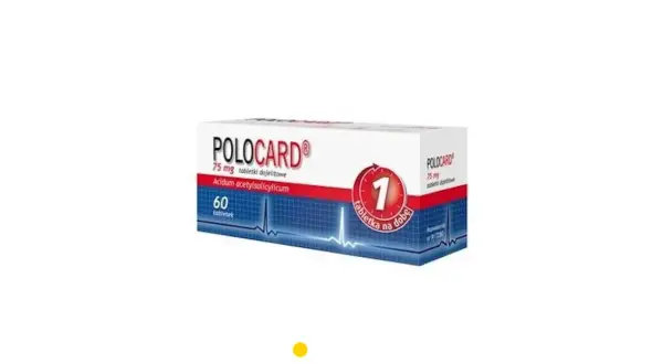 Opakowanie leku Polocard 75 mg, zawierające 60 tabletek dojelitowych z kwasem acetylosalicylowym. Zalecane 1 tabletka na dobę.