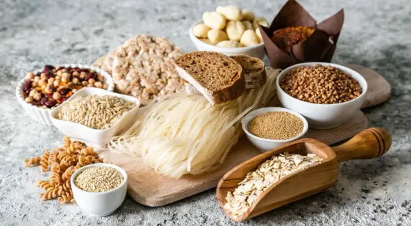 Vielfalt glutenfreier Lebensmittel: Reisnudeln, Buchweizen, Haferflocken, Quinoa, Bohnen und Reis. Hartweizen ist glutenfrei, eine gute Wahl!