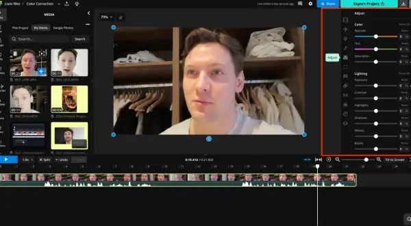 Panel edycji wideo z opcjami korekcji koloru, w tym suwakami do regulacji ciepła, nasycenia i ekspozycji, tworząc płynną gradację kolorów.