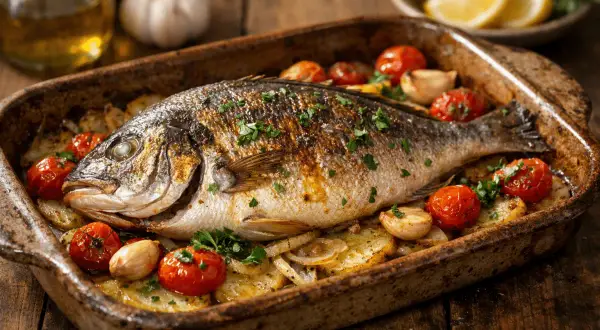 Dorada al horno, lista para servir. Cocinada a 180 grados con patatas, tomates y ajo.