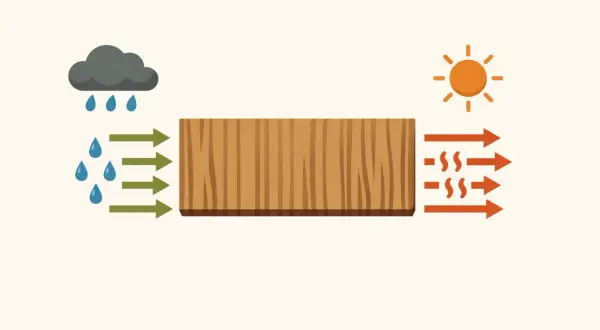 Ilustración de una tabla de madera: la lluvia y flechas verdes entran por la izquierda, el sol y flechas naranjas salen por la derecha. ¿Cuánto hay que dejar secar la imprimación?