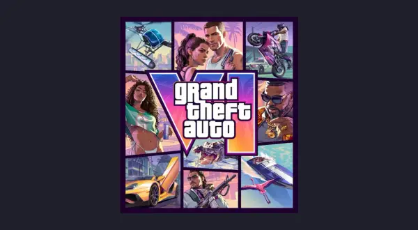 Plakat GTA 6: para z pistoletami, motocykl, helikopter, kobieta w bikini, gangster, aligator, samochód sportowy, mężczyzna z karabinem i flaming.