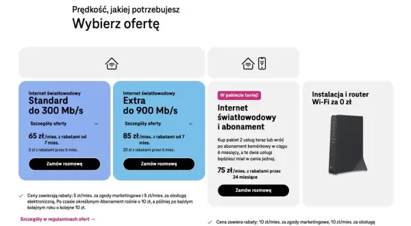 Oferty internetu światłowodowego: Standard do 300 Mb/s za 65 zł/mies., Extra do 900 Mb/s za 85 zł/mies. Pakiet światłowód i abonament za 75 zł/mies.