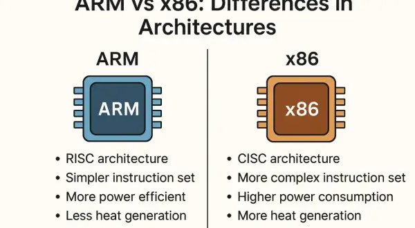 Comparativa de arquitecturas ARM vs x86: RISC vs CISC, eficiencia energética y generación de calor.