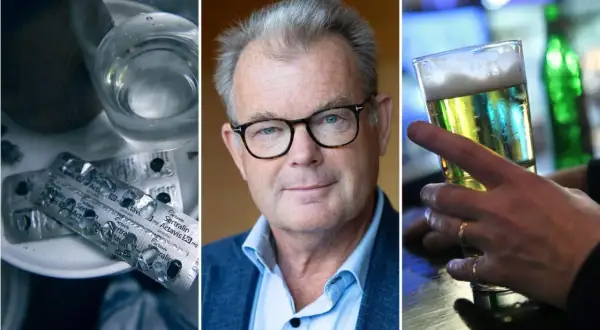 Triptyk som visar antidepressiva, en man med glasögon och ett glas öl. En påminnelse om riskerna med antidepressiva och alkohol.