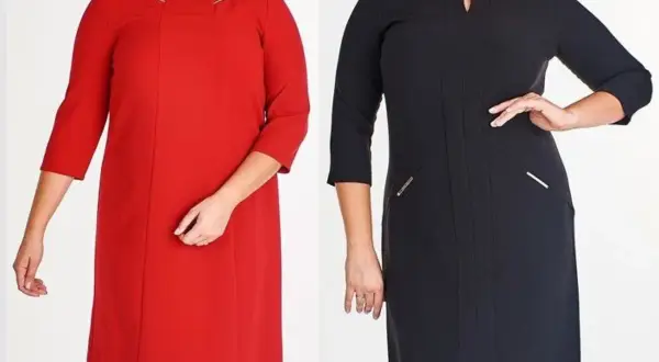 Dwie modelki plus size prezentują eleganckie sukienki wizytowe: czerwoną i czarną.