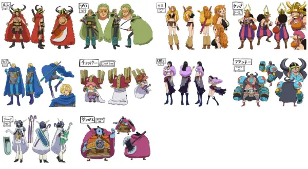 One Piece News: Strohhutpiraten im Elbaf-Stil! Luffy, Zoro, Nami, Usopp, Sanji, Chopper, Robin, Franky, Brook und Jinbe in neuen Outfits.