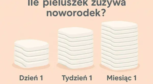 Ile pampersów dziennie zużywa noworodek? Grafika pokazuje stosy pieluszek na Dzień 1, Tydzień 1 i Miesiąc 1, ilustrując ich rosnącą liczbę.