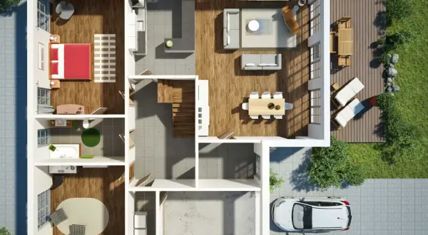 Ein moderner Grundriss mit Schlafzimmer, Bad, Küche, Wohn- und Essbereich. Ein Traumhaus mit Terrasse und Garage.