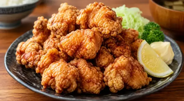 En tallrik med gyllene, krispiga karaage kycklingbitar, serverad med en citronklyfta, majonnäs och lite grönt.