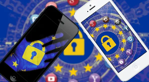 Dwa smartfony z symbolami blokady i flagą UE. Ikony aplikacji i cyfrowy kod podkreślają znaczenie prywatności w erze cyfrowej.