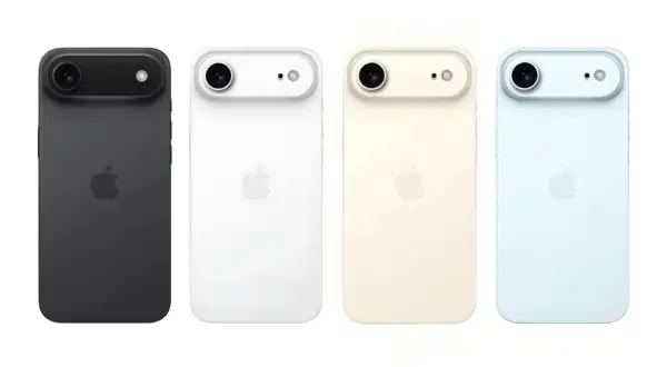 Cztery wersje kolorystyczne iPhone 17 Air: czarny, biały, kremowy i błękitny. Każdy z nich ma podwójny aparat i logo Apple.