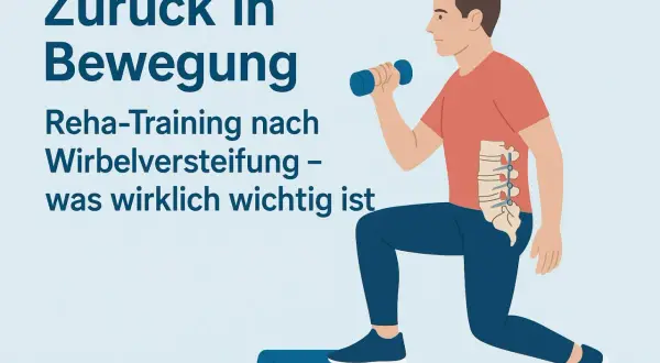 Mann macht Reha-Training mit Hantel und Step-Aerobic. Illustration zeigt Wirbelsäule mit Schrauben, die für beweglichkeit nach LWS-Versteifung steht.