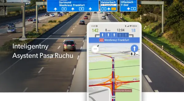 Nawigacja pokazuje wyznaczanie trasy z pominięciem dróg płatnych, prowadząc przez autostradę A5 do Frankfurtu.