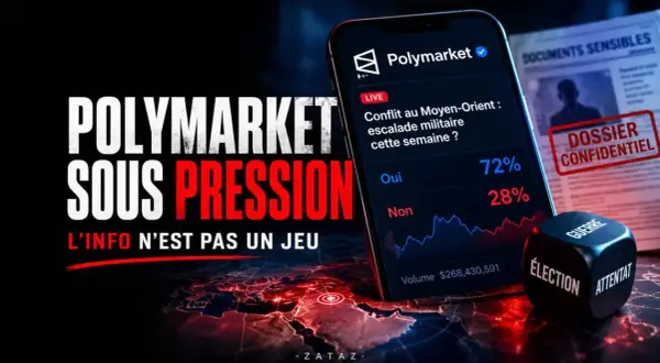Polymarket sous pression : une application de prédiction face à la **fraude entreprise**. Un dé à six faces avec "Guerre", "Élection", "Attentat" symbolise les enjeux.