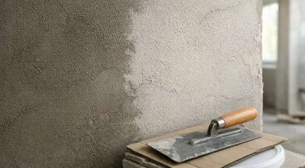 Narzędzia budowlane i świeżo nałożony tynk na ścianie. Czekamy, aż beton wyschnie, by kontynuować prace.