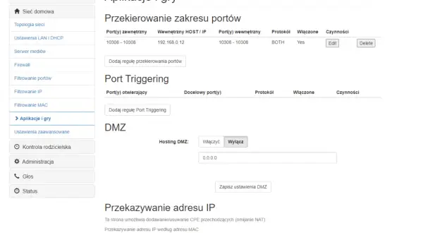 Ustawienia bramki DOCSIS 3.0: przekierowanie portów, Port Triggering, DMZ i przekazywanie IP. Widok panelu administracyjnego, przypominający interfejs technicolor cga2121.