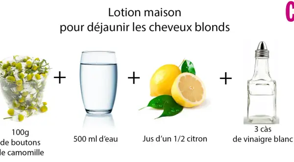 Lotion maison pour déjaunir les cheveux blonds : camomille, eau, citron, vinaigre. Idéal pour les soins cheveux décolorés maison.