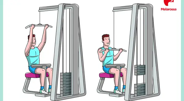 Uomo esegue esercizi bicipiti scheda con lat machine. Due posizioni mostrate per un allenamento completo.