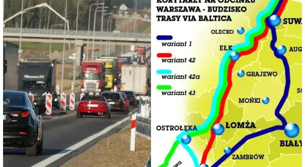 Korek na trasie Via Baltica, obok mapa z czterema wariantami przebiegu drogi Warszawa-Budzisko.