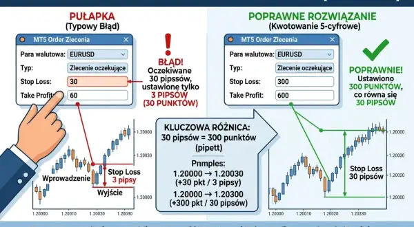 Błąd w MT5: 3 pipsy zamiast 30. Prawidłowe ustawienie Stop Loss i Take Profit w punktach, by uniknąć przedwczesnego zamknięcia transakcji.