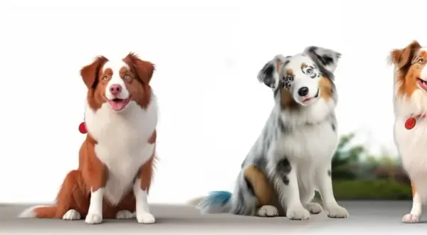 Cztery owczarki australijskie prezentują różnorodne owczarek australijski kolory: tricolor, red merle, blue merle i red tri.