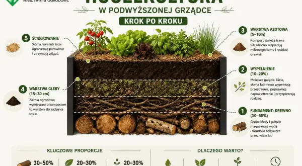 Przekrój grządki podwyższonej hugelkultur: fundament z drewna, wypełnienie, warstwa azotowa, gleba i ściółkowanie. Idealna dla zdrowych roślin.
