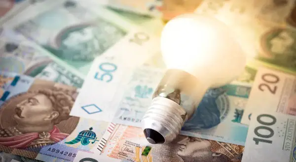 Żarówka na stosie polskich banknotów. Zastanawiasz się, ile kosztuje 1 kWh PGE?