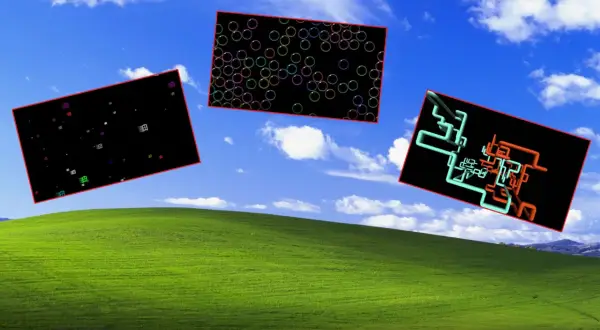Wygaszacz ekranu Windows 11 z bańkami, ikonami i rurkami na tle zielonego wzgórza i błękitnego nieba.