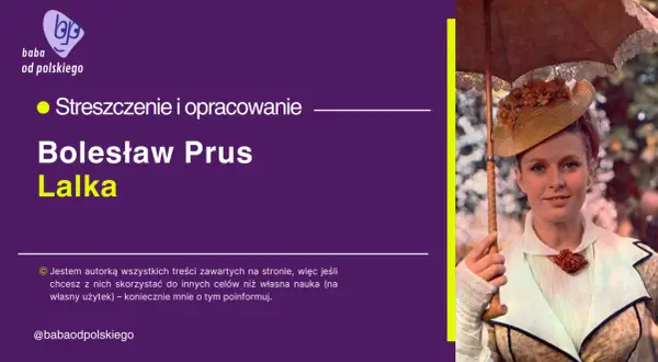 Kobieta w kapeluszu i z parasolką, obok tytuł "Lalka" Bolesława Prusa.