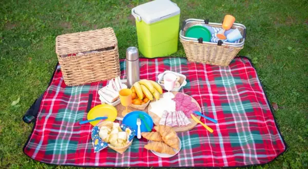 Co zabrac na piknik? Koszyk, lodówkę, koce, jedzenie: kanapki, owoce, wędliny, croissanty, napoje i naczynia.