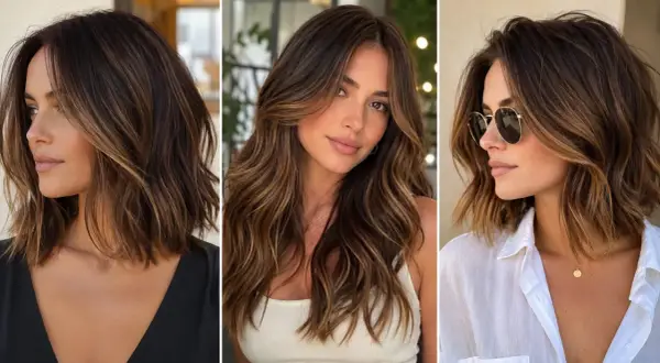 Trzy brunetki prezentują różne fryzury z subtelnymi refleksami.