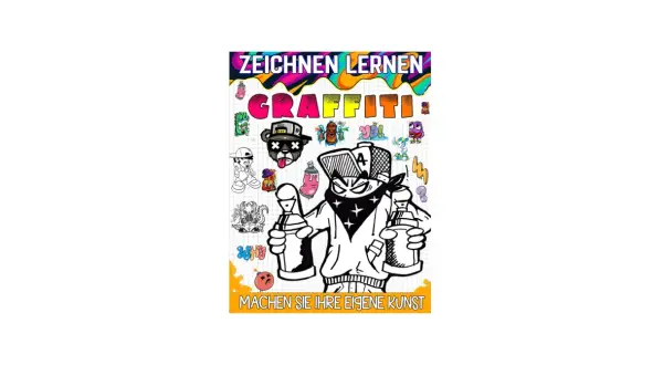 Bunte Graffiti-Illustrationen mit einer zentralen Figur, die Sprühdosen hält.