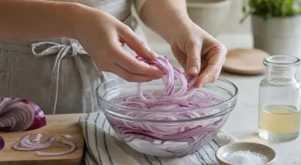 Mani che separano anelli di cipolla rossa in una ciotola d'acqua. Preparazione per evitare che la cipolla cruda faccia male allo stomaco.