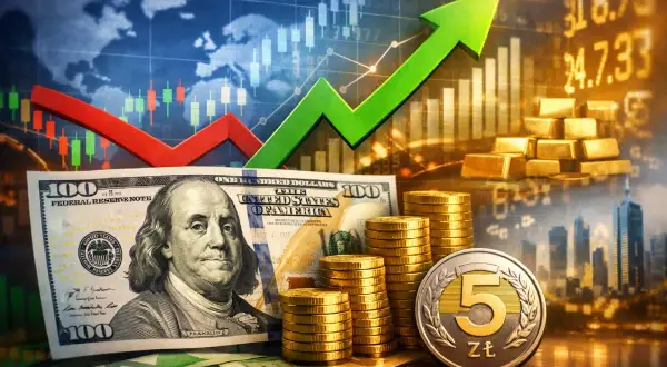 W tle wykresy giełdowe i mapa świata. Na pierwszym planie dolar, stosy złotych monet i polska moneta 5 zł. Prognoza USD PLN wskazuje na wzrost.
